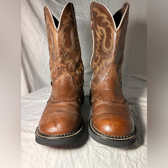 Justin Women’s L9909 Brown Leather Western Cowboy Boots Size 8B Stitch Detail - Picture 5 of 14